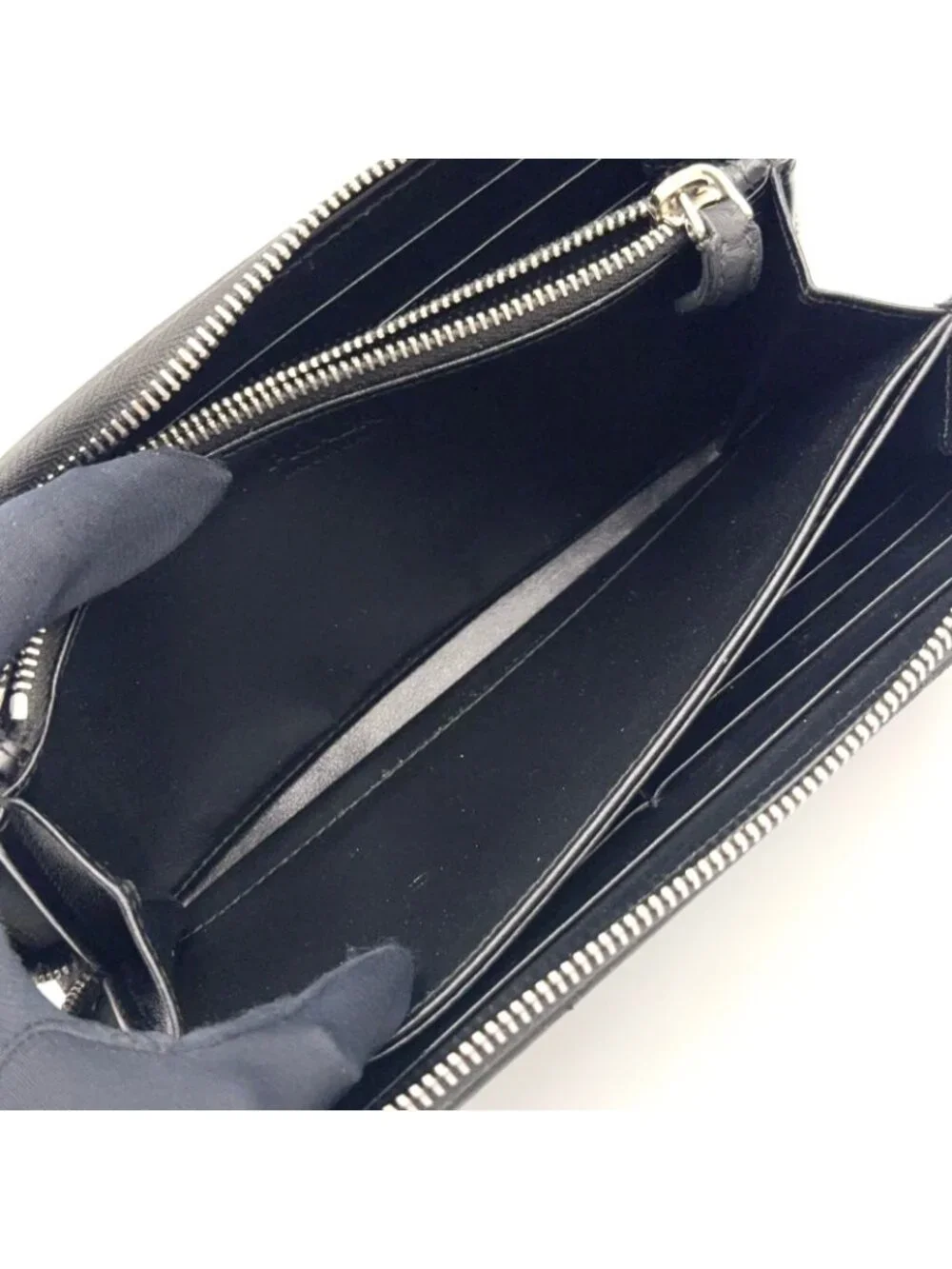 Prada Saffiano Embossed Logo Zip Around Leather Black Wallet Silver